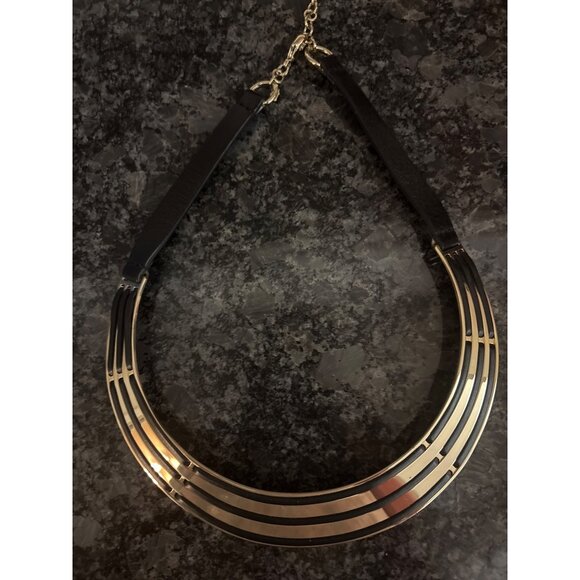 Lafayette 148 Italy Gold-Tone Multi-Bar Statement Necklace W/ Black Black Strap